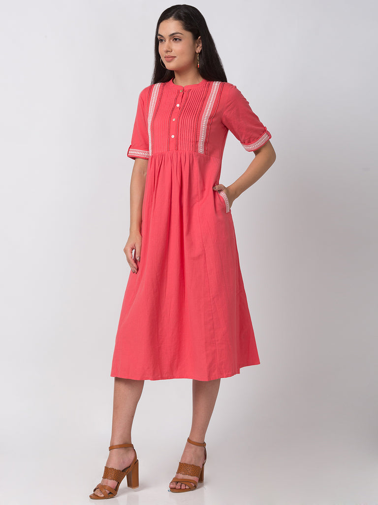 Casual Women Gathered Elbow Sleeve Coral Kurta