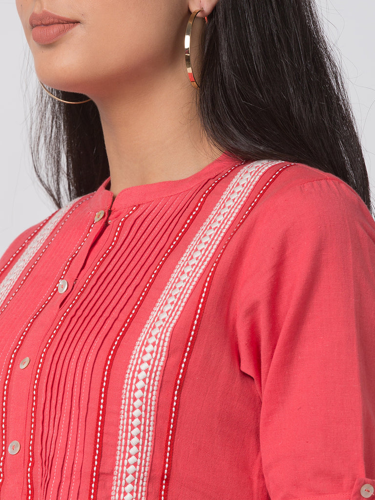 Casual Women Gathered Elbow Sleeve Coral Kurta