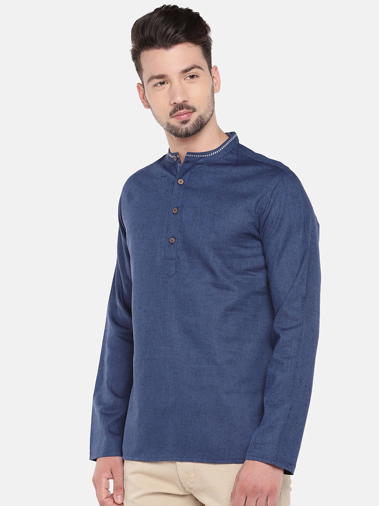 Men Straight Full Sleeve Blue Kurta