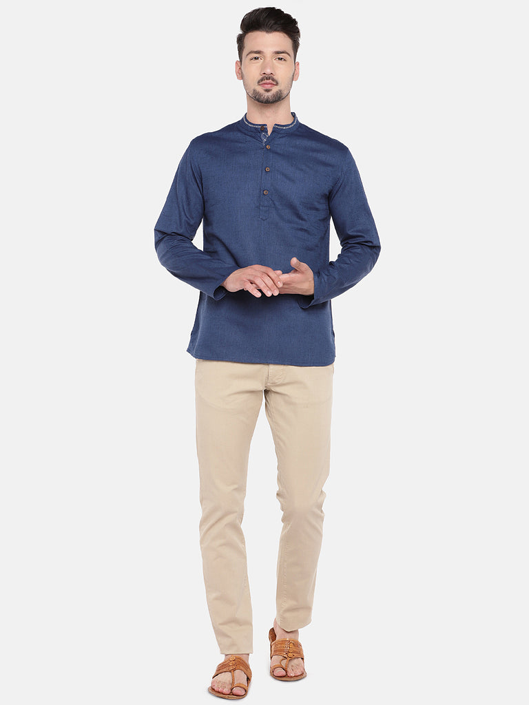 Men Straight Full Sleeve Blue Kurta