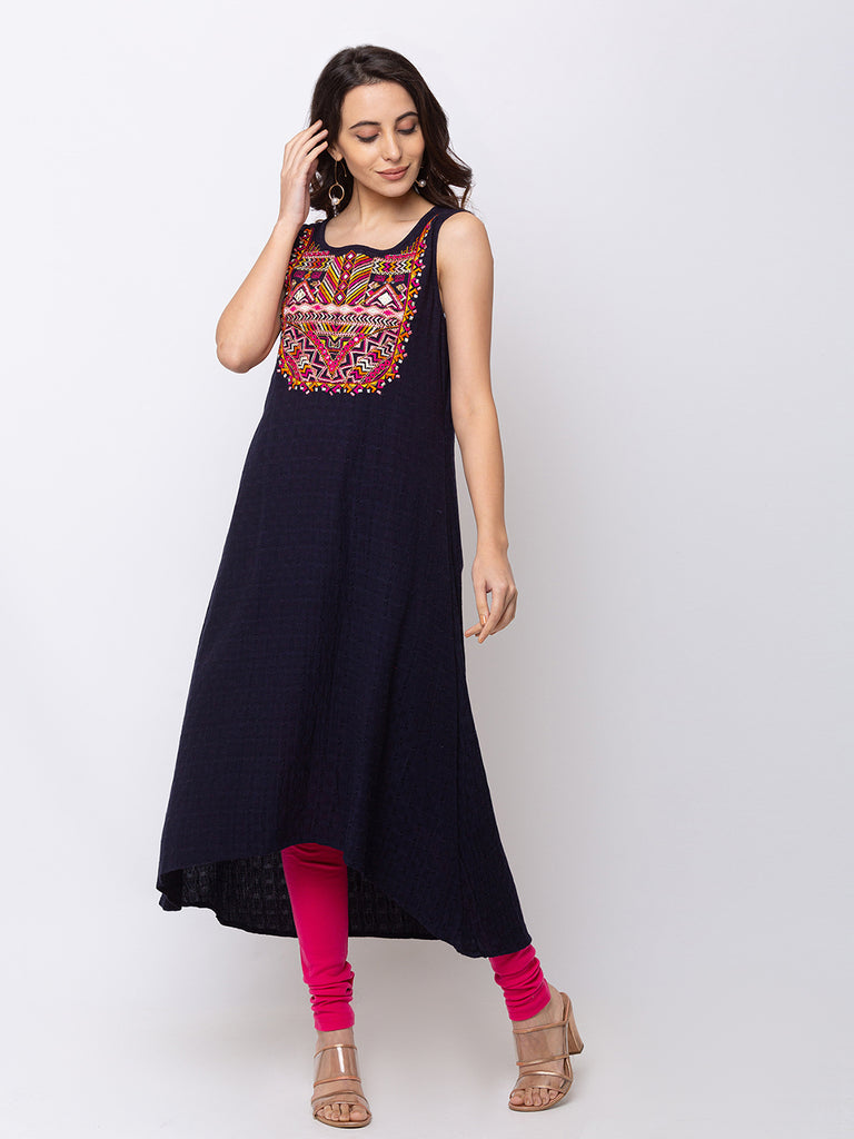 Women Gathered Three-Fourth Navy Kurta