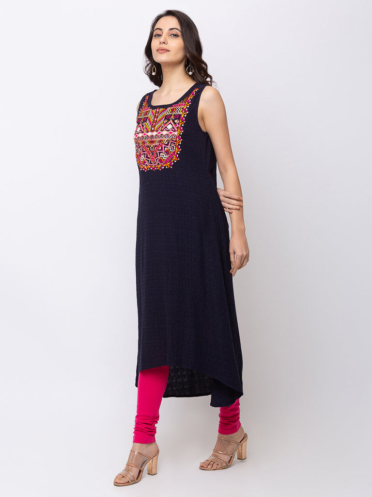 Women Gathered Three-Fourth Navy Kurta