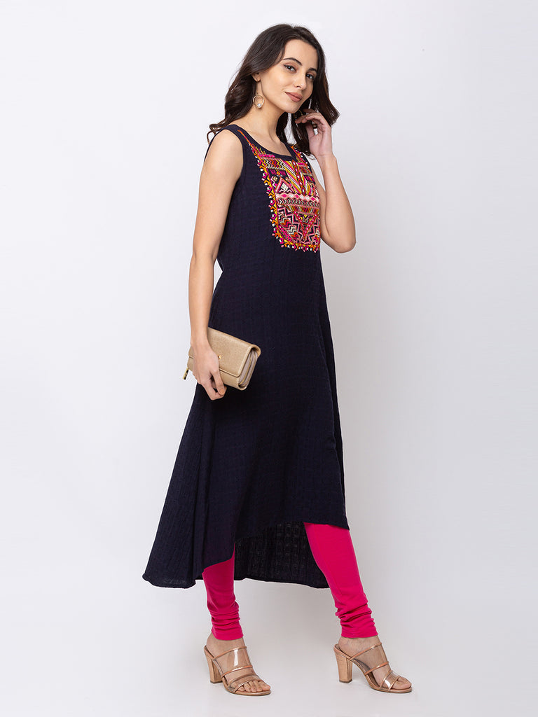 Women Gathered Three-Fourth Navy Kurta