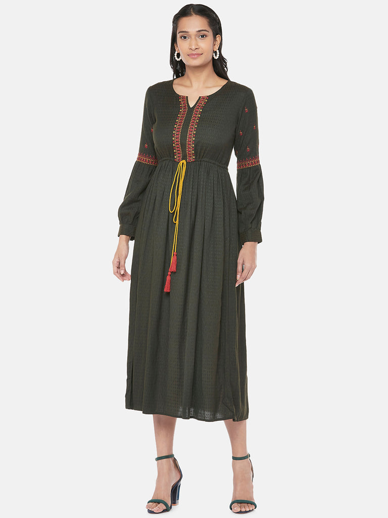 Rayon Flax Dobby Bishop Gathered Women Olive Dress