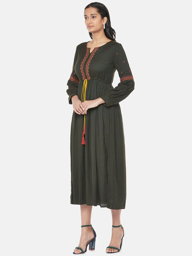 Rayon Flax Dobby Bishop Gathered Women Olive Dress