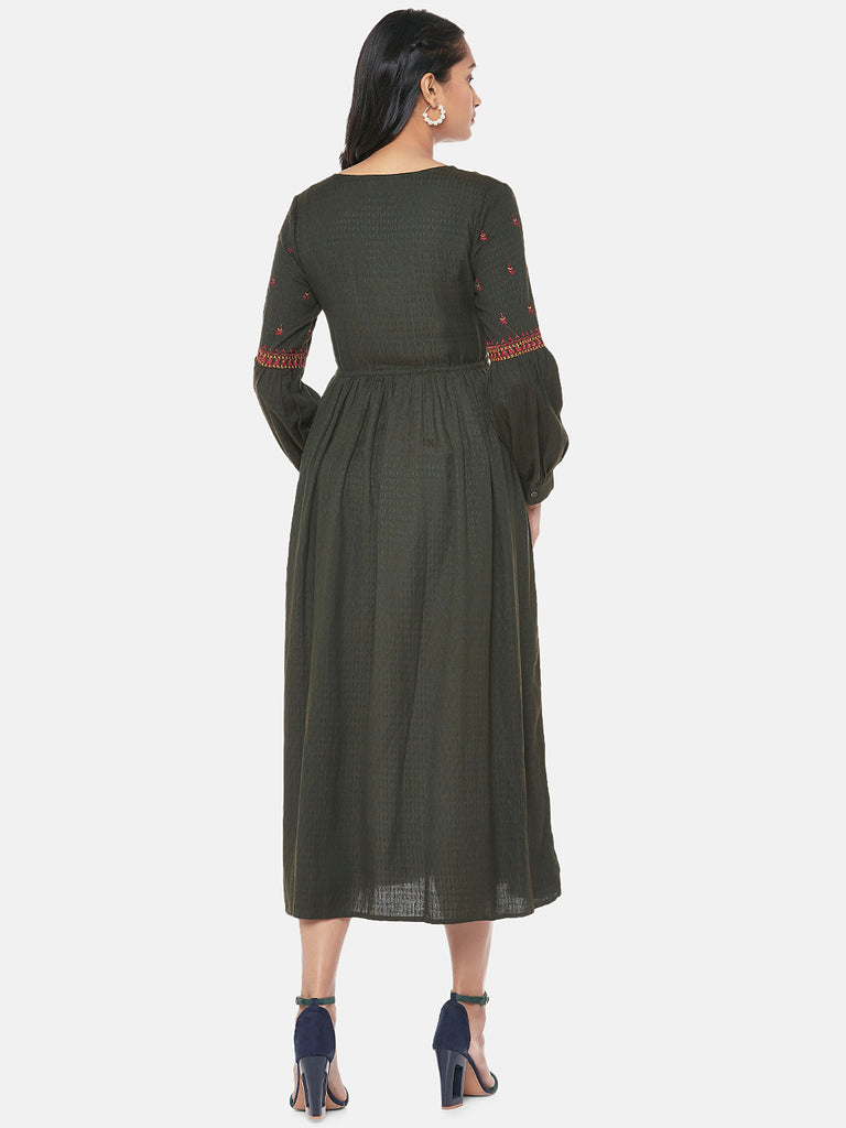 Rayon Flax Dobby Bishop Gathered Women Olive Dress