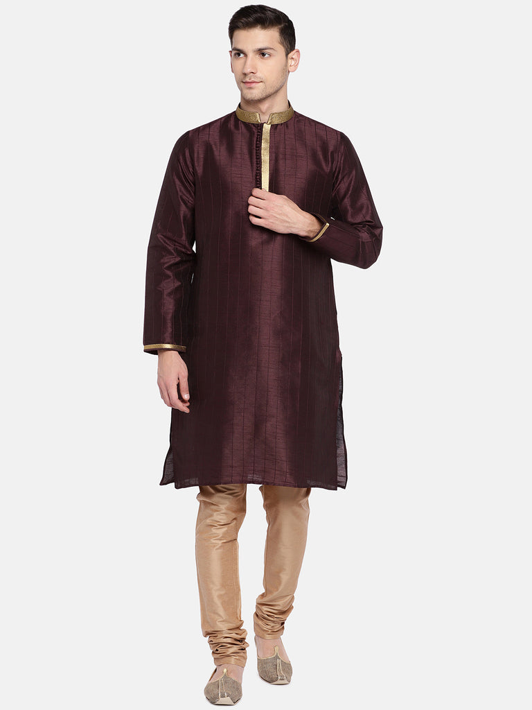 Men Straight Full Sleeve Wine Kurta
