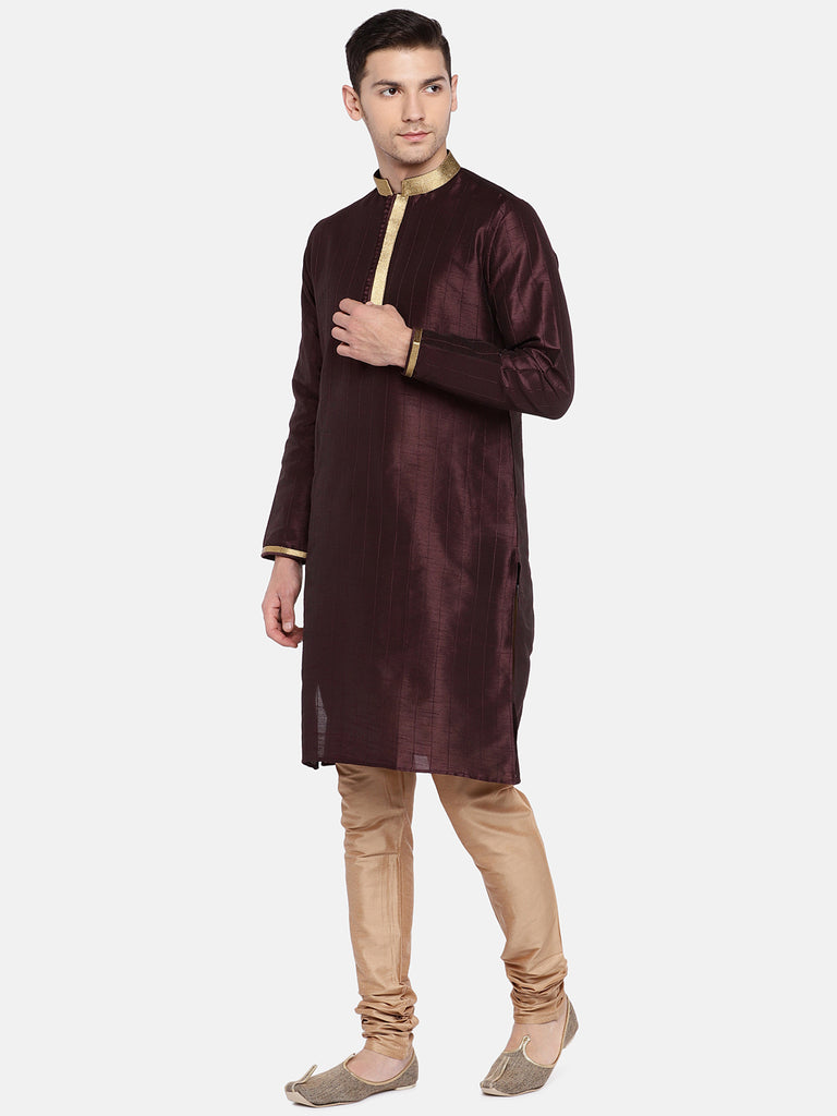 Men Straight Full Sleeve Wine Kurta