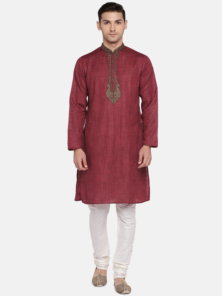 Men Straight Full Sleeve Red Kurta