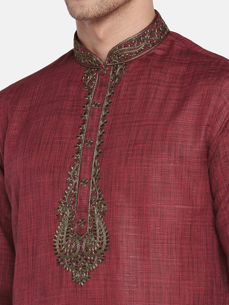 Men Straight Full Sleeve Red Kurta