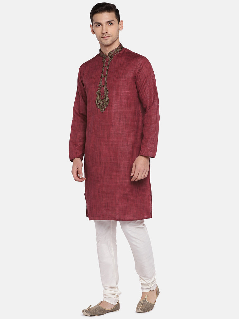 Men Straight Full Sleeve Red Kurta