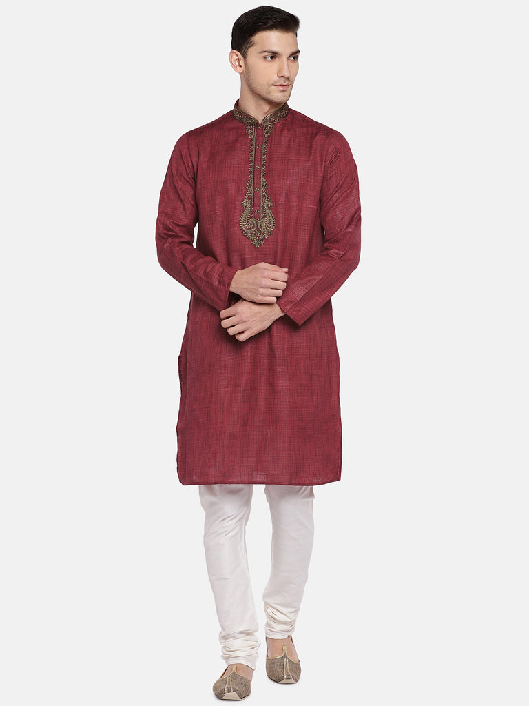 Men Straight Full Sleeve Red Kurta