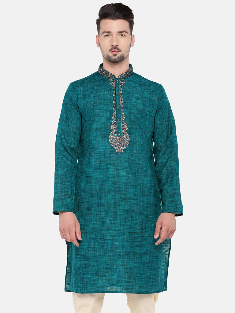 Men Straight Full Sleeve Teal Kurta