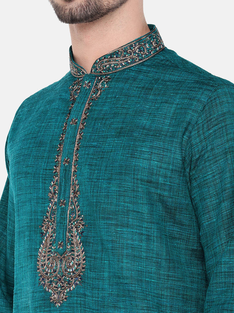 Men Straight Full Sleeve Teal Kurta