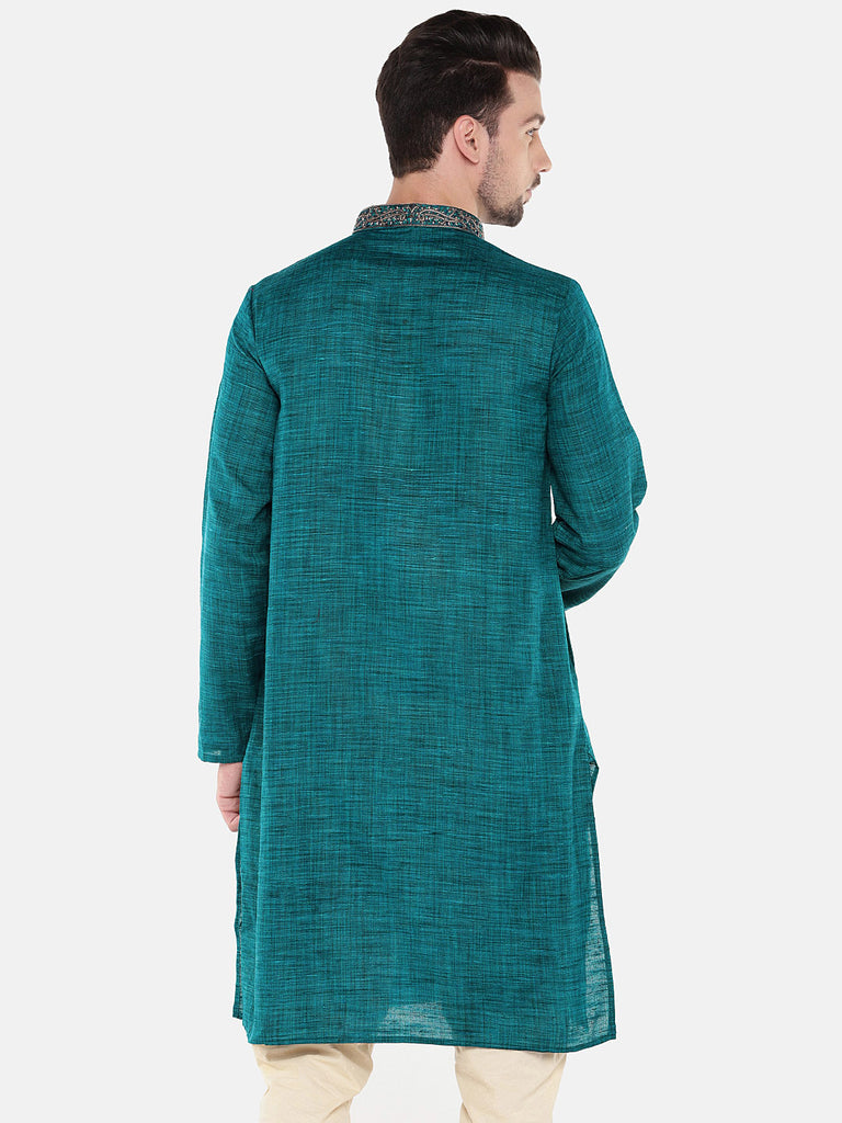 Men Straight Full Sleeve Teal Kurta