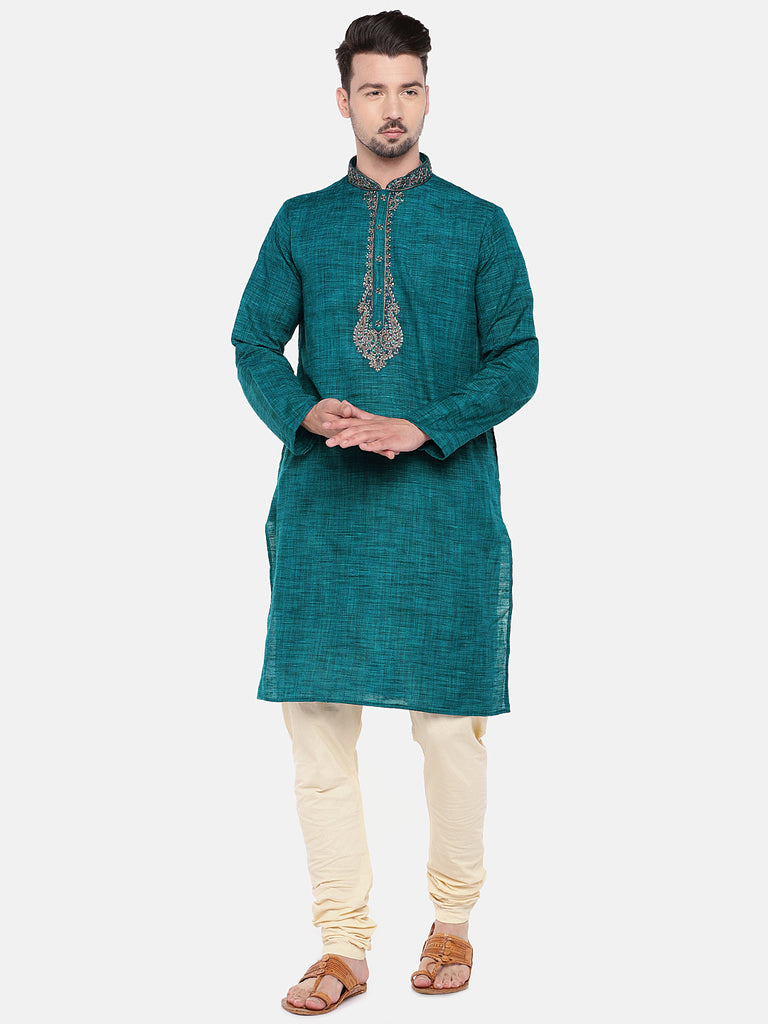 Men Straight Full Sleeve Teal Kurta