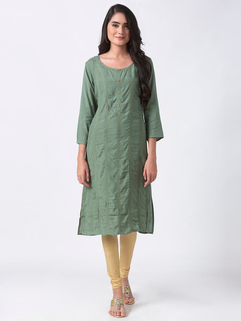 Women Straight Three-Fourth Sapgreen Kurta