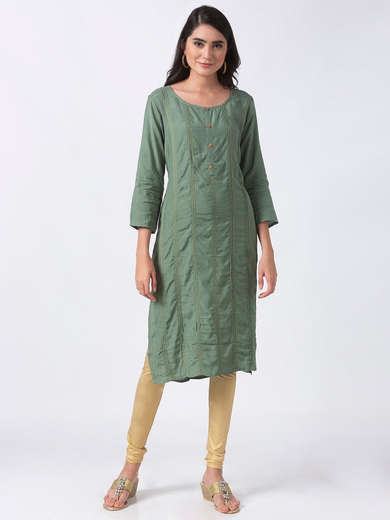 Women Straight Three-Fourth Sapgreen Kurta