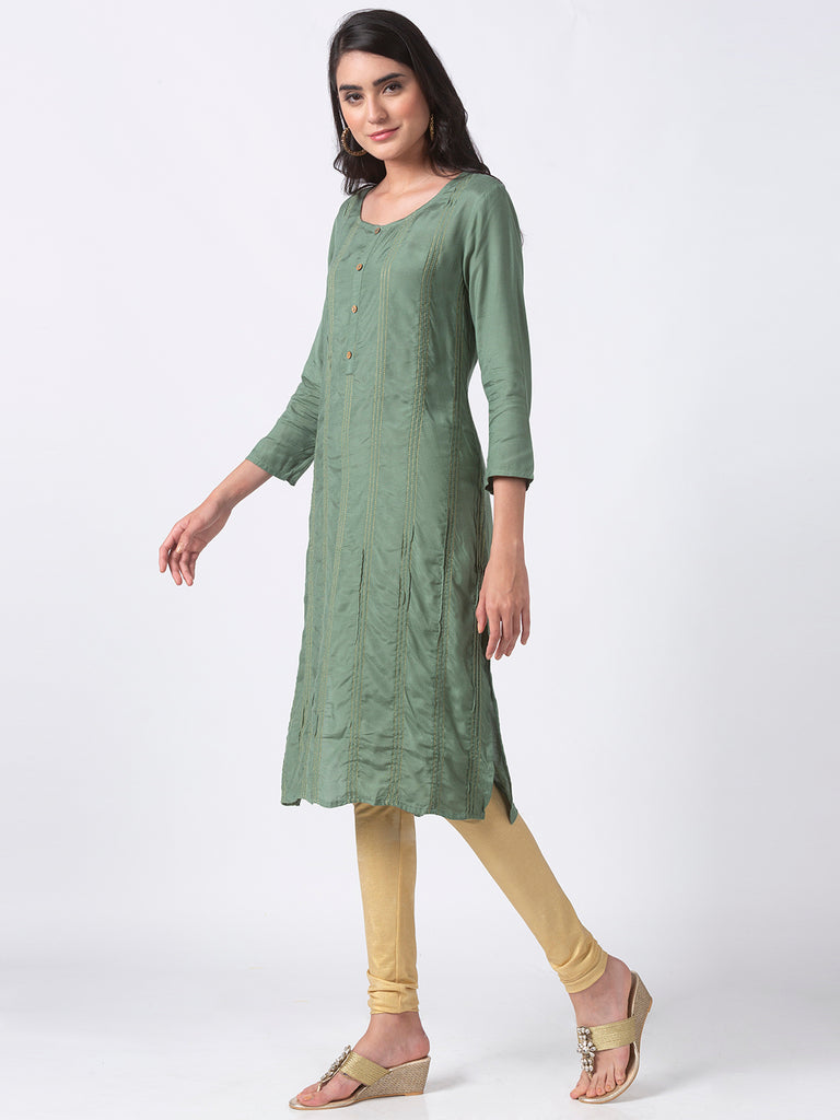 Women Straight Three-Fourth Sapgreen Kurta