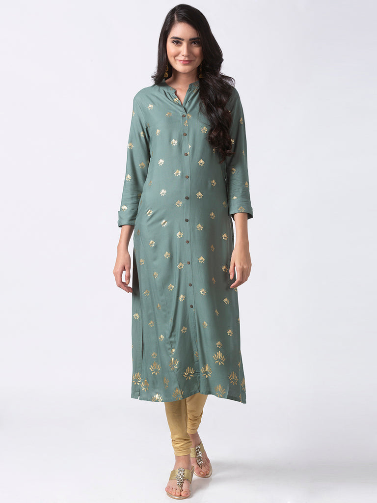 Women Straight Three-Fourth Green Kurta