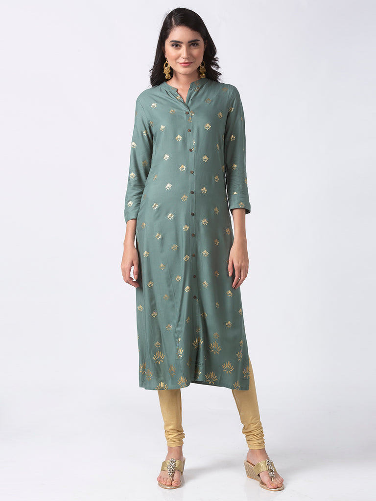 Women Straight Three-Fourth Green Kurta