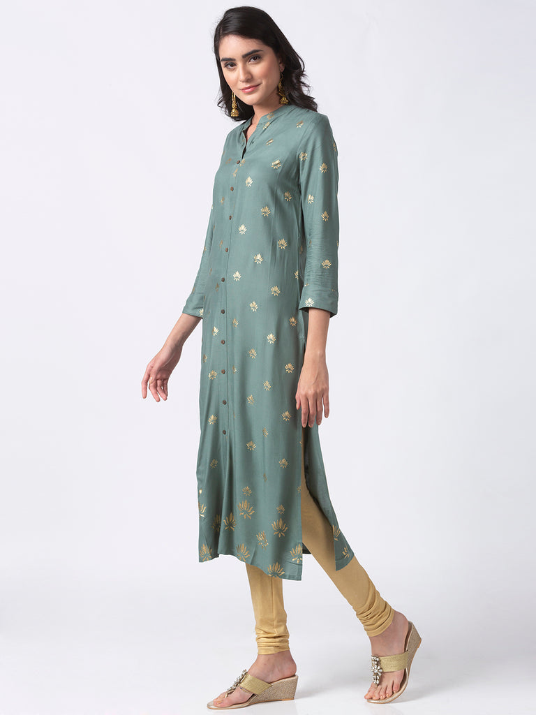 Women Straight Three-Fourth Green Kurta