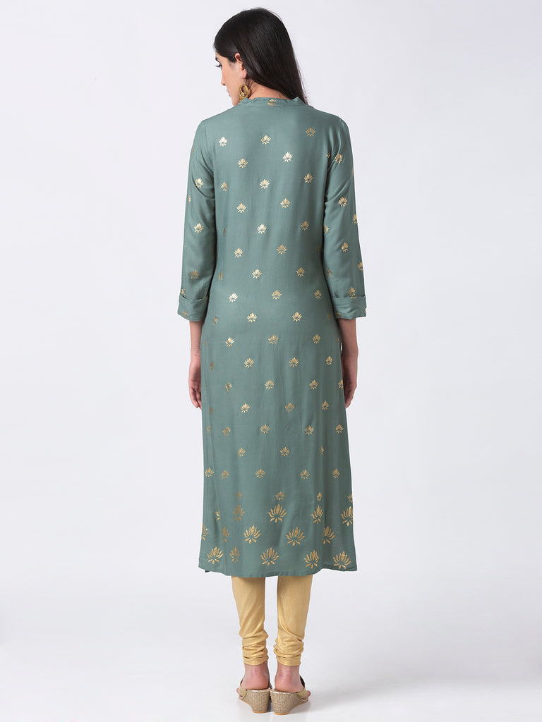 Women Straight Three-Fourth Green Kurta
