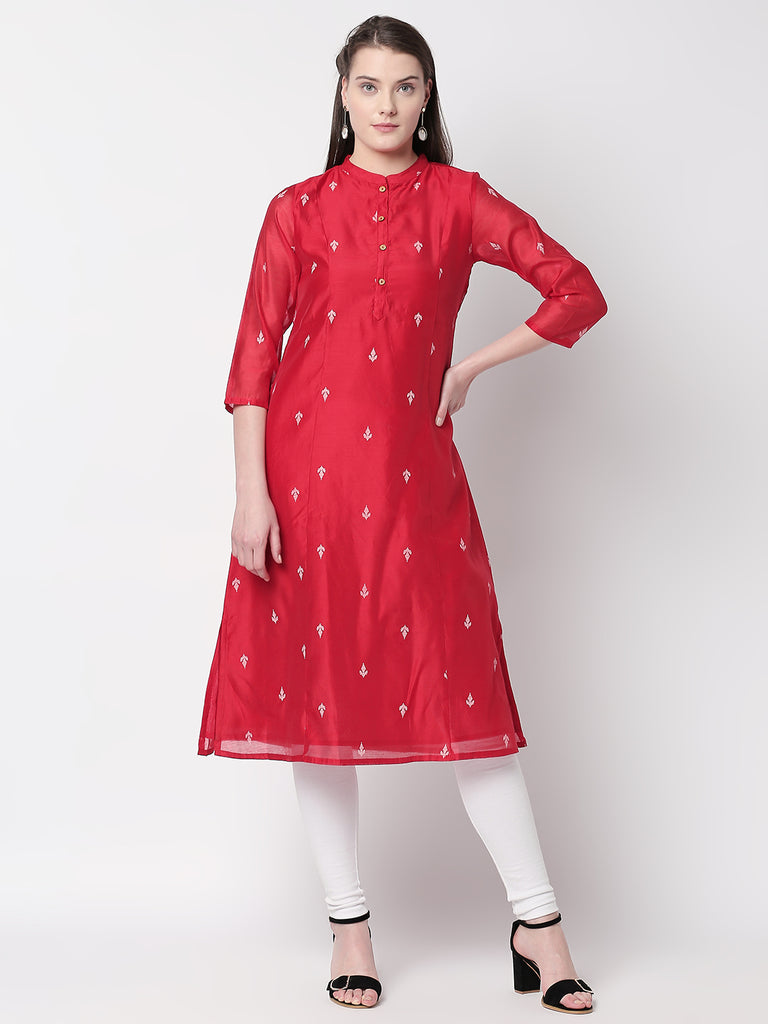 Women A Line Three-Fourth Red Kurta