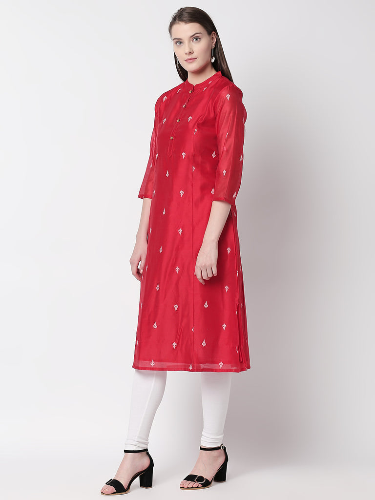 Women A Line Three-Fourth Red Kurta