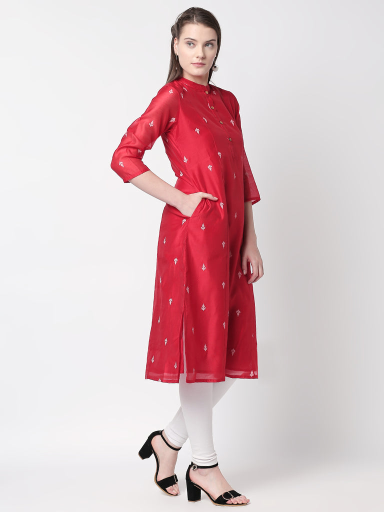 Women A Line Three-Fourth Red Kurta