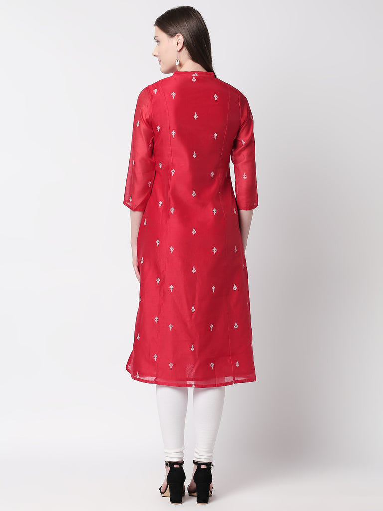 Women A Line Three-Fourth Red Kurta