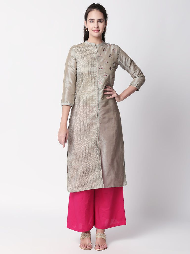Festive Women Straight Three-Fourth Grey Kurta