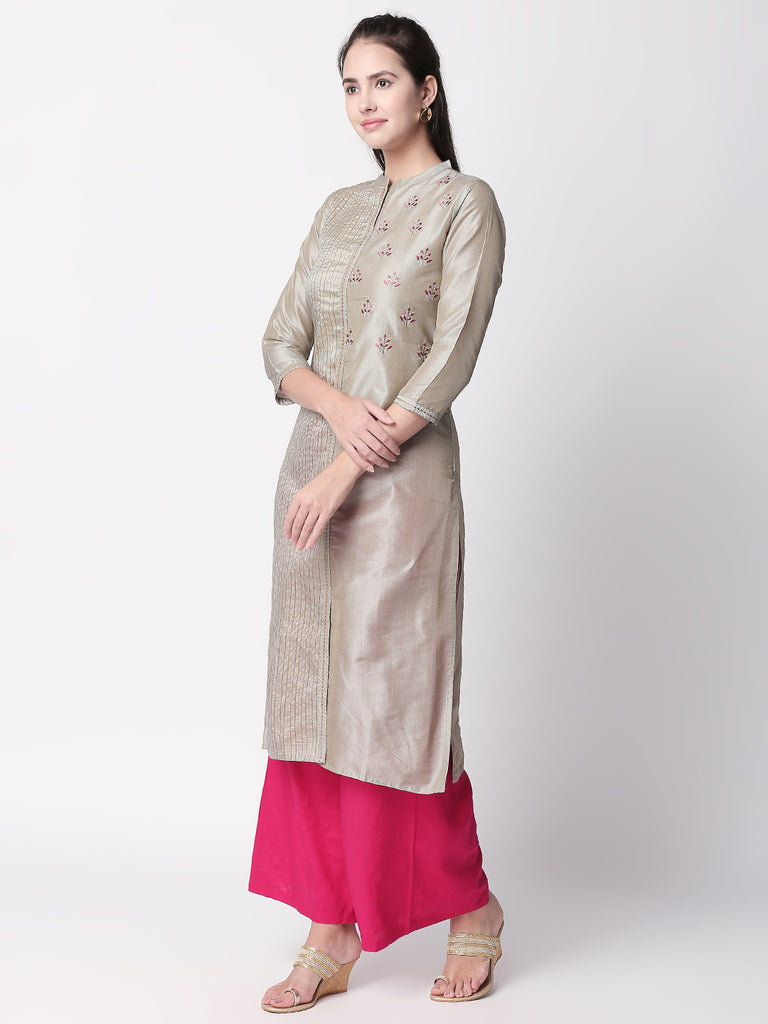 Festive Women Straight Three-Fourth Grey Kurta