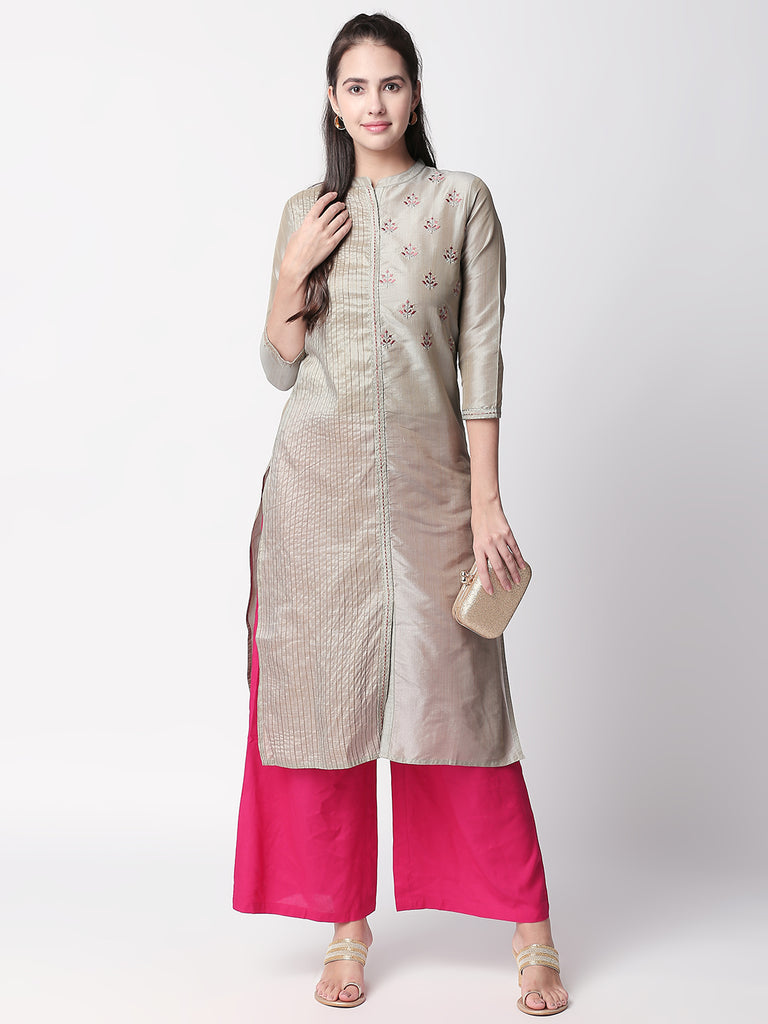 Festive Women Straight Three-Fourth Grey Kurta