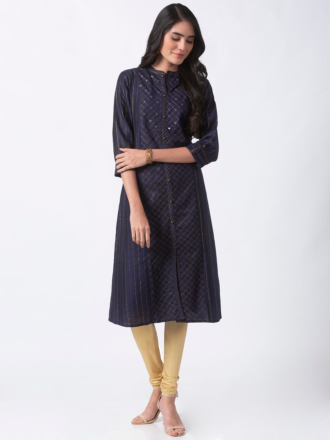Women Straight Three-Fourth Navy Kurta