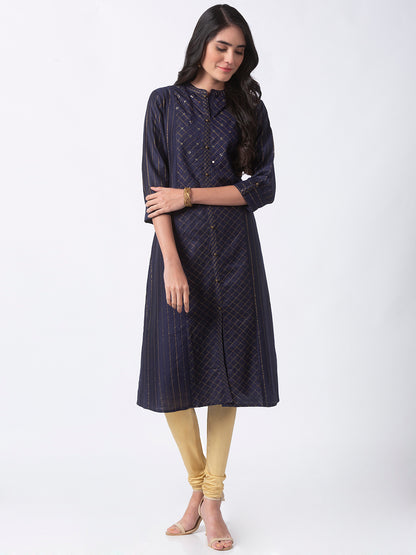 Women Straight Three-Fourth Navy Kurta
