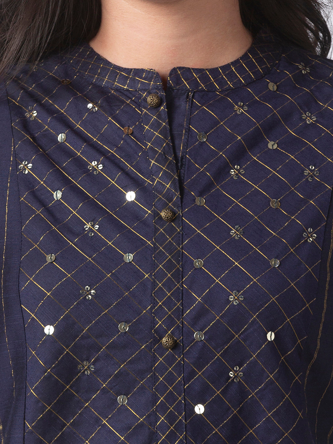 Women Straight Three-Fourth Navy Kurta