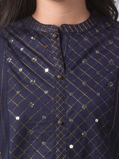Women Straight Three-Fourth Navy Kurta
