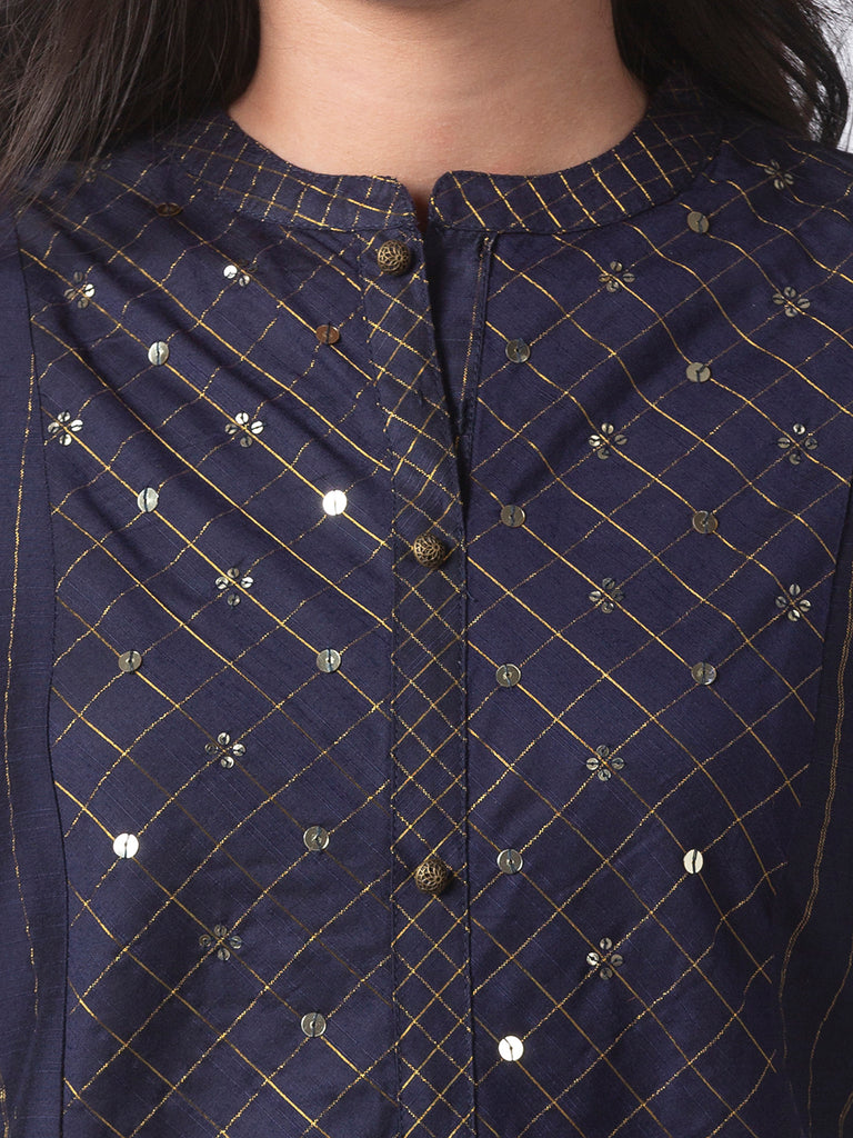 Women Straight Three-Fourth Navy Kurta