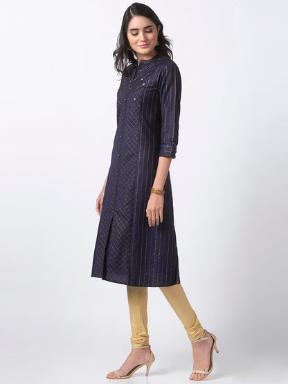 Women Straight Three-Fourth Navy Kurta