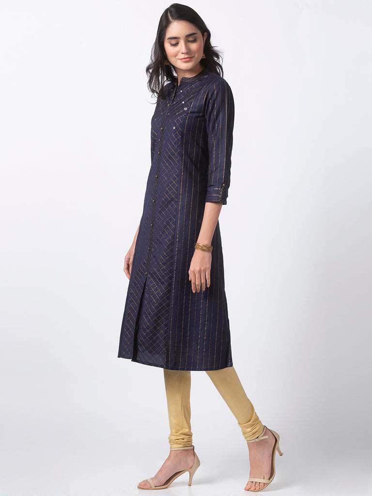 Women Straight Three-Fourth Navy Kurta