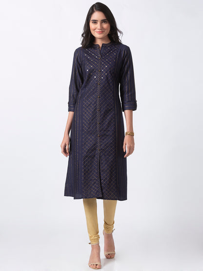 Women Straight Three-Fourth Navy Kurta
