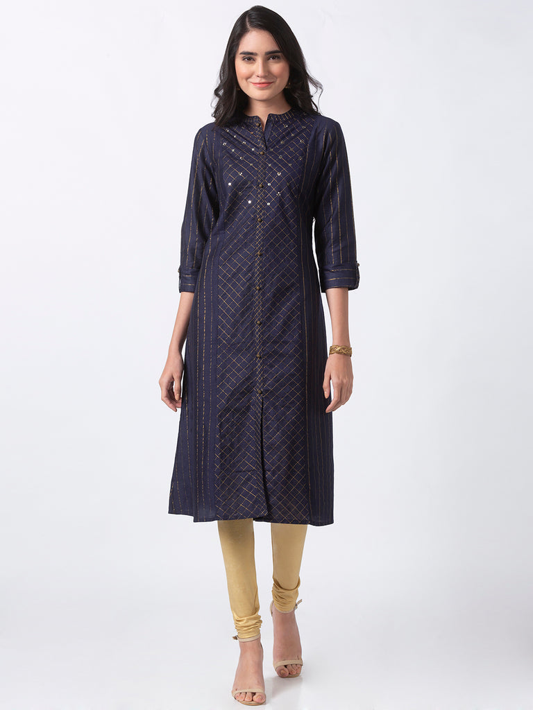 Women Straight Three-Fourth Navy Kurta