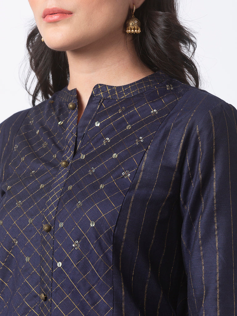 Women Straight Three-Fourth Navy Kurta