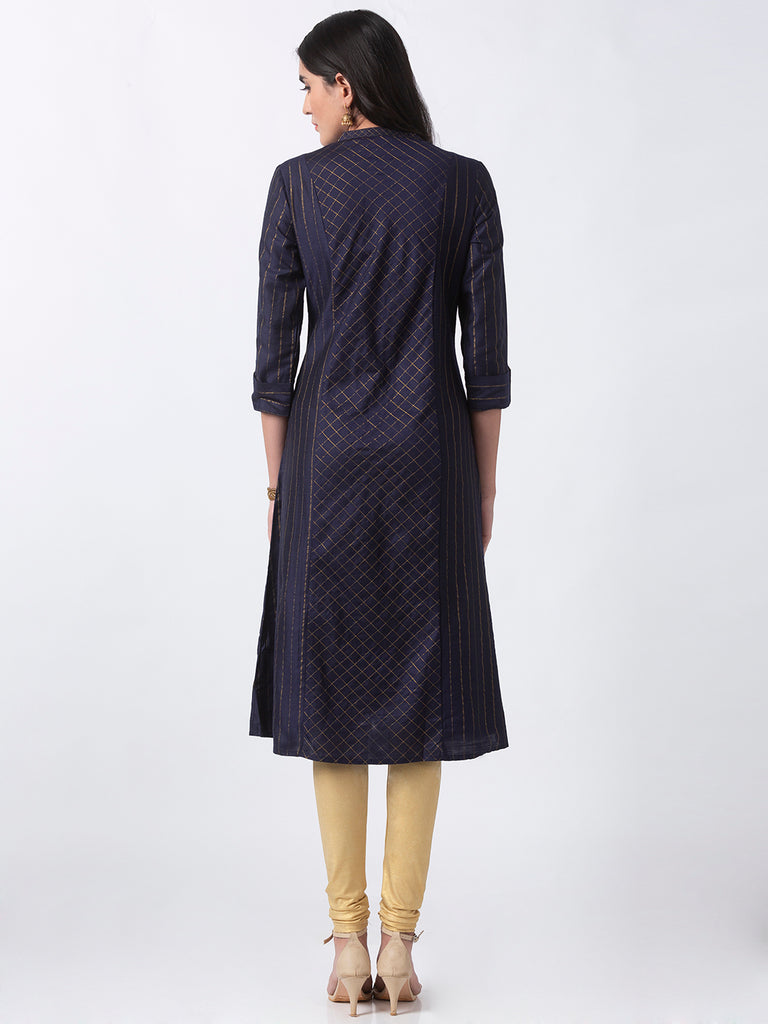 Women Straight Three-Fourth Navy Kurta