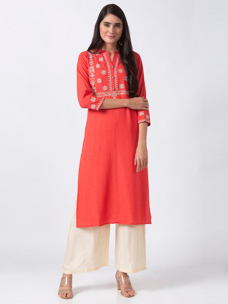 Women Straight Three-Fourth Coral Kurta