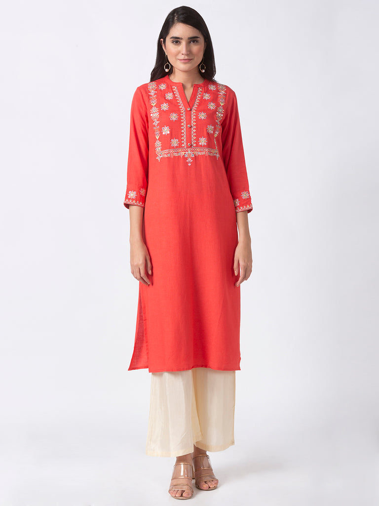 Women Straight Three-Fourth Coral Kurta