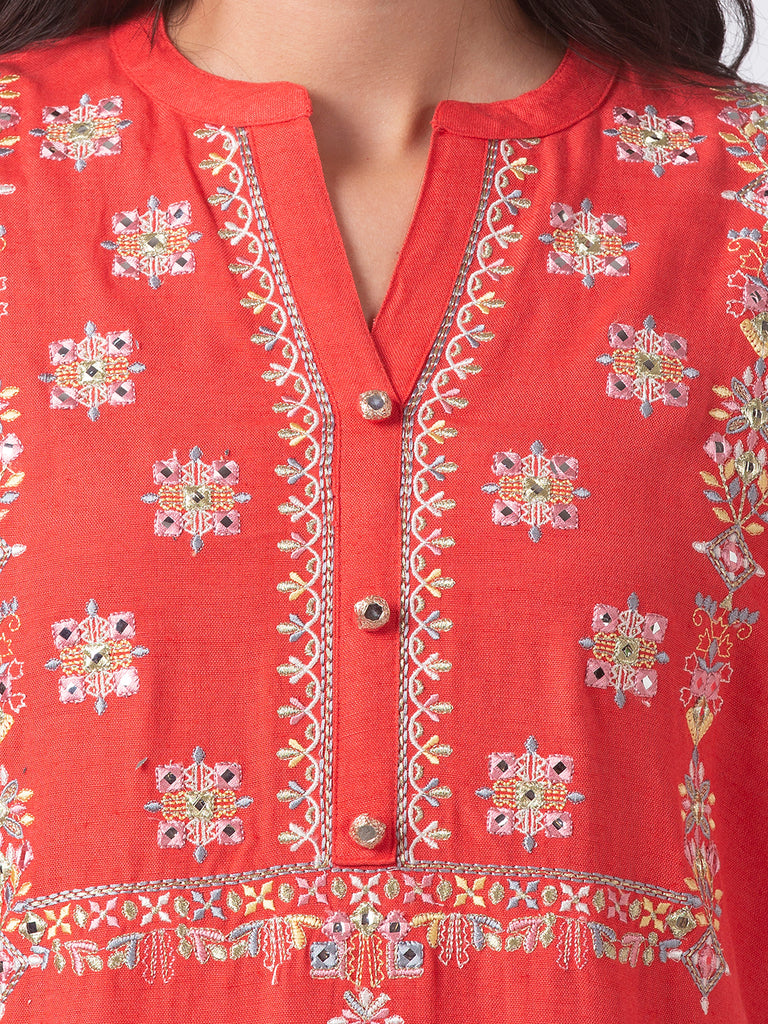 Women Straight Three-Fourth Coral Kurta