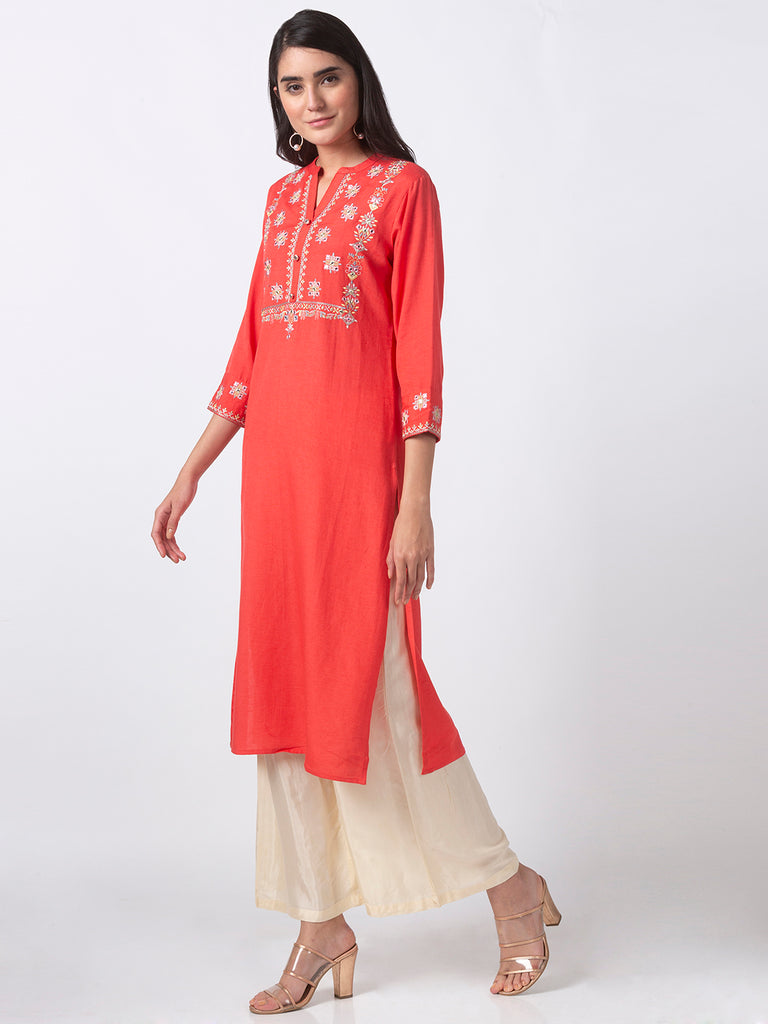 Women Straight Three-Fourth Coral Kurta