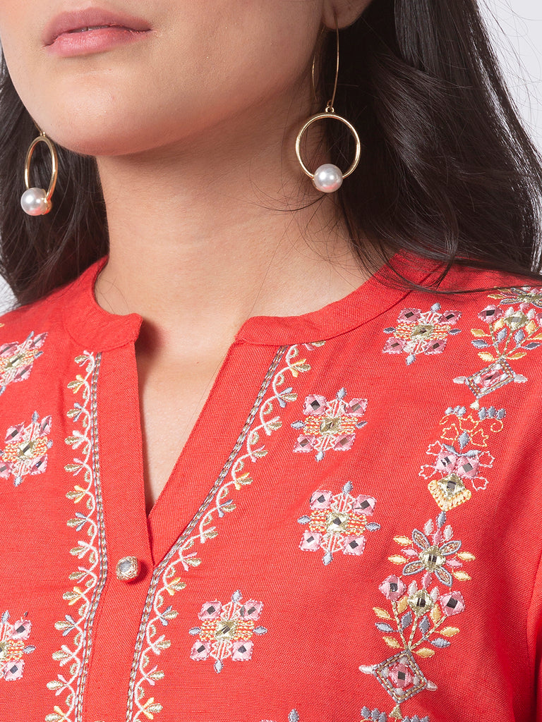 Women Straight Three-Fourth Coral Kurta